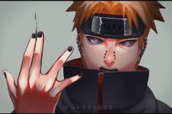 1boy akatsuki_uniform amegakure_symbol artist_name black_nails commentary_request ear_piercing forehead_protector grey_background high_collar holding holding_needle ibuo_(ibukht1015) looking_at_viewer male_focus nail_polish naruto_(series) naruto_shippuuden needle ninja nose_piercing open_mouth orange_hair pain_(naruto) piercing purple_eyes rinnegan short_hair simple_background solo spiked_hair teeth