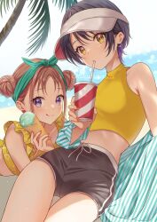 Rule 34 | 2girls, beach, black hair, blush, brown hair, crop top, cup, day, disposable cup, double bun, drinking, earrings, food, hair bun, hairband, halter shirt, halterneck, heart, heart earrings, highres, holding, holding cup, holding food, holding ice cream, holding ice cream cone, ice cream, ice cream cone, jewelry, looking at viewer, looking to the side, lying, midriff, multicolored hair, multiple girls, nail polish, off shoulder, on stomach, original, palm tree, parted bangs, purple hair, sakunagita, shirt, short shorts, shorts, sitting, sleeveless, sleeveless shirt, smile, striped clothes, striped shirt, thigh gap, tongue, tongue out, tree, visor cap, yellow eyes