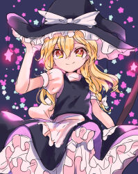 Rule 34 | 1girl, back bow, black background, black dress, black hat, blonde hair, bow, braid, closed mouth, danmaku, dress, eyelashes, frilled dress, frilled hat, frills, glowing, hair between eyes, hair bow, hand on headwear, hat, hat bow, hat ornament, highres, kirisame marisa, long hair, looking at viewer, puffy short sleeves, puffy sleeves, shirt, short sleeves, single braid, smile, solo, standing, star (symbol), star hat ornament, touhou, tsukikusa, wavy hair, white bow, white shirt, witch hat, yellow eyes