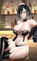 Rule 34 | 1girl, absurdres, alcohol, artist name, azur lane, bar (place), bar stool, bare shoulders, bikini, black bikini, black hair, black jacket, black thighhighs, blurry, blurry background, bottle, breasts, closed mouth, collarbone, crossed legs, detached collar, ear piercing, earrings, hair ornament, highres, horns, jacket, jewelry, large breasts, larger bmx, looking at viewer, maid, maid bikini, nail polish, navel, off shoulder, official alternate costume, piercing, red nails, shelf, short hair, sitting, skindentation, solo, stool, swimsuit, thighhighs, thighs, torn clothes, torn thighhighs, ulrich von hutten (azur lane), ulrich von hutten (mayhem maid) (azur lane), unconventional maid, x hair ornament, yellow eyes