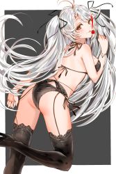 Rule 34 | 1girl, absurdres, antenna hair, ass, azur lane, back, bare shoulders, black bra, black panties, black ribbon, black thighhighs, blush, border, bra, breasts, brown eyes, candy, closed mouth, food, garter belt, grey background, hair ribbon, highres, large breasts, licking, lollipop, long hair, looking at viewer, looking back, mole, mole on breast, multicolored hair, panties, prinz eugen (azur lane), ribbon, sideboob, silver hair, smile, solo, streaked hair, swept bangs, thighhighs, thighs, tongue, tongue out, two side up, underwear, underwear only, white border, yukineko1018