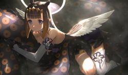 Rule 34 | 1girl, :o, black dress, black gloves, black hair, detached sleeves, dress, gloves, grey eyes, halo, highres, hololive, hololive english, leaning forward, looking at viewer, low wings, ninomae ina&#039;nis, ninomae ina&#039;nis (1st costume), parted lips, pointy ears, single detached sleeve, single thighhigh, solo, takubon, tentacles, thighhighs, virtual youtuber, wings