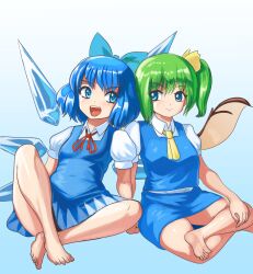 Rule 34 | 2girls, ascot, barefoot, blue dress, blue hair, blue skirt, blue vest, cirno, closed mouth, commentary, daiyousei, detached wings, dress, english commentary, fairy wings, full body, gradient background, green hair, highres, ice, ice wings, indian style, looking at another, multiple girls, open mouth, profitshame, shirt, short hair, short sleeves, side ponytail, sitting, skirt, smile, touhou, variant set, vest, white shirt, wings, yellow ascot