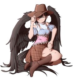 Rule 34 | 1girl, bare shoulders, black hair, black wings, boots, brown footwear, cowboy boots, cowboy hat, dress, feathered wings, hand on headwear, hand on own thigh, hat, highres, horse tail, kurokoma saki, looking at viewer, mefomefo, off-shoulder dress, off shoulder, one eye closed, puffy short sleeves, puffy sleeves, red eyes, scarf, short sleeves, sitting, smile, solo, tail, thumbs down, touhou, white scarf, wings, yokozuwari