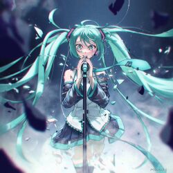 Rule 34 | 1girl, aqua eyes, aqua hair, aqua necktie, artist name, bare shoulders, black skirt, black thighhighs, commentary, cowboy shot, crying, detached sleeves, floating clothes, floating hair, glitch, hands up, hatsune miku, headphones, highres, korean commentary, light particles, long hair, looking at viewer, microphone, microphone stand, miniskirt, mixed-language commentary, motion blur, mwoji, necktie, own hands together, pleated skirt, shards, shirt, skirt, solo, tears from one eye, thighhighs, twintails, untucked shirt, very long hair, vocaloid, white shirt