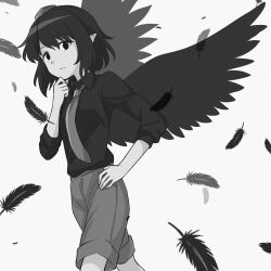 Rule 34 | 1girl, bird wings, closed mouth, collared shirt, commentary request, expressionless, falling feathers, feathered wings, feathers, greyscale, hat, highres, long sleeves, monochrome, pointy ears, shameimaru aya, shameimaru aya (newsboy), shirt, short hair, shorts, simple background, solo, thinking, tokin hat, touhou, walking, white background, wings, yakousei no kame