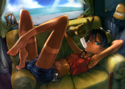 Rule 34 | 10s, 1girl, absurdres, aqua eyes, arm behind head, arm up, armpits, arms behind head, barefoot, belt, black hair, blue hair, blush, breasts, couch, crop top, curtains, dark-skinned female, dark skin, denim, denim shorts, drawing (object), feet, food, food in mouth, full body, gloves, goggles, goggles on head, helmet, highres, hot, ice cream, indoors, leather, leather gloves, legs, legs up, long legs, looking at viewer, lying, mayta (suisei no gargantia), midriff, navel, on back, on couch, open belt, picture frame, pinky out, plantar flexion, popsicle, scan, short hair, shorts, sleeveless, small breasts, solo, suisei no gargantia, sweat, tan, tank top, tanline, tomboy, unworn headwear, unworn helmet, window, z-ton