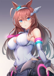 Rule 34 | 1girl, ahoge, animal ears, armlet, bare shoulders, bit (keikou syrup), black skirt, blue eyes, breasts, brown hair, commentary request, covered navel, cowboy shot, detached sleeves, gradient background, grey background, hairband, highres, horse ears, horse girl, horse tail, large breasts, leotard, long hair, long sleeves, looking at viewer, mihono bourbon (umamusume), orange hair, parted lips, skirt, solo, tail, umamusume, white hairband, white leotard
