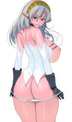 Rule 34 | 1girl, ass, bare shoulders, black gloves, blue eyes, breasts, breasts out, butt crack, choker, curvy, dark elf, detached sleeves, elf, female focus, from behind, gloves, grey hair, hair in own mouth, hair ornament, hairband, highres, huge breasts, kouno (masao), long hair, looking at viewer, looking back, mouth hold, nipples, no bra, original, panties, panty pull, pointy ears, simple background, solo, standing, underwear, white background, white panties