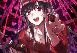 Rule 34 | 1girl, black hair, box, chocolate, collarbone, fang, feeding, food, heart, highres, holding, holding box, holding chocolate, holding food, holding heart, jewelry, long hair, looking at viewer, necklace, open mouth, original, pink ribbon, red eyes, red sweater, ribbon, smile, solo, sweater, upper body, valentine, wata (attaka towel)