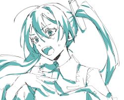 Rule 34 | 1girl, blue eyes, blue hair, blue theme, collared shirt, commentary request, hand on own chest, hatsune miku, highres, limited palette, long hair, nijikun, open mouth, shirt, sleeveless, sleeveless shirt, solo, sweat, twintails, vocaloid, white background