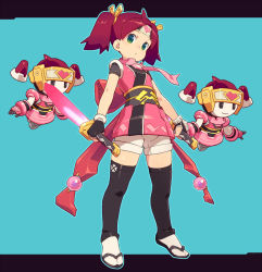 Rule 34 | :o, back bow, bow, dual wielding, fingerless gloves, floating, full body, gloves, green eyes, headband, heart, highres, holding, jacket, kunoichi, looking at viewer, ninja, om (nk2007), pink jacket, pink neckwear, red hair, robot, saru getchu, sayaka (saru getchu), short sleeves, short twintails, shorts, socks, solo, sword, tabi, thighhighs, twintails, two-tone background, weapon