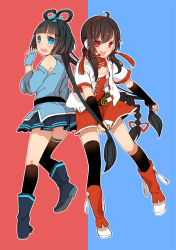 Rule 34 | 2girls, ahoge, asymmetrical legwear, bad id, bad pixiv id, bare shoulders, belt, black hair, blue eyes, boots, bow, braid, fingerless gloves, gloves, grabbing another&#039;s hair, hair bow, hair ribbon, long hair, looking at viewer, luo tianyi, mia0309, mismatched legwear, multiple girls, open mouth, red eyes, ribbon, single sock, single thighhigh, skirt, smile, socks, thighhighs, twintails, vocaloid, yuezheng ling