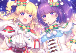 Rule 34 | 2girls, :d, bad id, bad pixiv id, blonde hair, blue background, blunt bangs, blush, bow, box, breasts, capelet, christmas, fur-trimmed capelet, fur trim, gift, gift box, gloves, hair bow, hanazono shuka, hand on own hip, hands up, hat, holding, holding gift, holding sack, idol time pripara, long hair, looking at viewer, mini hat, multiple girls, n (m ohkamotoh), open mouth, pom pom (clothes), ponytail, pretty series, pripara, purple eyes, purple hair, red capelet, red hat, ringlets, sack, santa costume, santa hat, small breasts, smile, snow, snowing, star (symbol), two side up, upper body, white capelet, white gloves, yumekawa yui