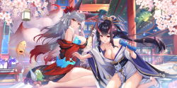 Rule 34 | 2girls, absurdres, animal ears, black hair, breasts, cherry blossoms, cleavage, demon girl, demon horns, demon parade, fox ears, fox girl, fox mask, fox tail, grey hair, hair ornament, highres, horns, instrument, japanese clothes, kimono, kitsune, kneeling, kyuubi, large breasts, looking at viewer, mask, masterwork apocalypse, multiple girls, multiple tails, oni horns, outdoors, red eyes, scroll, shanguier, sideboob, spirit, tail, thighs