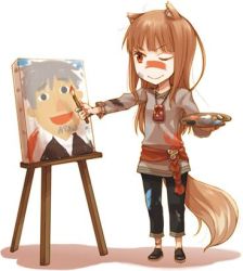 Rule 34 | 1girl, ;), animal ears, anklet, ayakura juu, black footwear, black pants, brown hair, craft lawrence, full body, grey shirt, holding, holding brush, holo, jewelry, long hair, lowres, non-web source, novel illustration, official art, one eye closed, paint on clothes, paint splatter, paint splatter on face, painting (action), painting (object), pants, red eyes, shirt, shoes, simple background, smile, solo, spice and wolf, standing, tail, white background, wolf ears, wolf tail