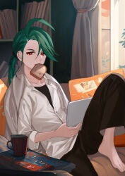 Rule 34 | 00kashian00, 1girl, absurdres, ahoge, barefoot, bookshelf, bread slice, bright pupils, buttons, commentary request, couch, creatures (company), cup, curtains, earrings, food, food in mouth, game freak, green hair, hair between eyes, highres, holding, indoors, jewelry, long hair, looking at viewer, mouth hold, nintendo, pokemon, pokemon sv, ponytail, red eyes, rika (pokemon), shirt, sitting, solo, stud earrings, toast, toast in mouth, toes, undershirt, white pupils