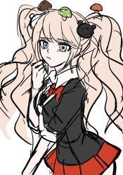 Rule 34 | 1girl, bear hair ornament, black shirt, bow, closed mouth, collared shirt, cowboy shot, danganronpa: trigger happy havoc, danganronpa (series), enoshima junko, from side, frown, grey eyes, hair ornament, highres, miniskirt, mushroom on head, necktie, otake0san, pleated skirt, red bow, red skirt, shirt, sketch, skirt, solo, twintails, white background