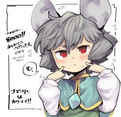 Rule 34 | 1girl, animal ears, blush, border, capelet, character name, commentary, daitai konna kanji, finger to cheek, flying sweatdrops, grey hair, jewelry, long sleeves, looking at viewer, mouse ears, nazrin, pendant, pointing, pointing at self, pout, red eyes, short eyebrows, short hair, simple background, solo, speech bubble, sweatdrop, thank you, thick eyebrows, touhou, translated, upper body, white background