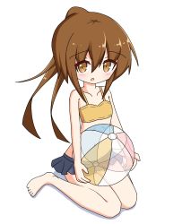 Rule 34 | 1girl, :o, ball, bare arms, bare legs, bare shoulders, barefoot, beachball, bikini, bikini top only, blue skirt, blush, brown bikini, brown eyes, brown hair, collarbone, commentary request, full body, fumizuki (kancolle), hair between eyes, high ponytail, highres, holding, holding ball, ichi (ichi.colors), kantai collection, long hair, parted lips, pleated skirt, ponytail, shadow, sidelocks, sitting, skirt, solo, swimsuit, transparent, very long hair, wariza, white background