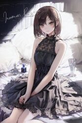 Rule 34 | 1girl, bare arms, bare shoulders, bed, bed sheet, black dress, book, bookshelf, bottle, brown hair, collarbone, cup, dress, feet out of frame, highres, inaeda kei, jewelry, lace, lace-trimmed dress, lace trim, lips, looking at viewer, necklace, original, parted bangs, perfume bottle, pillow, short hair, sidelocks, signature, sitting, solo, too many, too many books