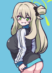Rule 34 | 1girl, absurdres, ass, blonde hair, blue archive, blurry, blurry background, bottomless, breasts, green eyes, grin, hair between eyes, hair bun, halo, highres, jacket, large breasts, long hair, nonomi (blue archive), panatisia, simple background, smile, track jacket