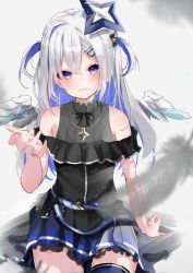 Rule 34 | 1girl, amane kanata, amane kanata (work), angel, angel wings, bare shoulders, belt, black dress, blue belt, blue hair, blue thighhighs, blue wings, blush, closed mouth, colored inner hair, corrupted twitter file, dress, feathered wings, feathers, gradient dress, gradient wings, grey hair, hair between eyes, hair ornament, hair over one eye, hairclip, halo, highres, hololive, jewelry, long hair, looking at viewer, mini wings, motoi (croa76), multicolored hair, multicolored wings, necklace, pink hair, pleated dress, purple eyes, reaching, reaching towards viewer, short dress, single hair intake, single thighhigh, sitting, sleeveless, sleeveless dress, smile, solo, star (symbol), star halo, star necklace, streaked hair, thighhighs, two side up, virtual youtuber, white wings, wings