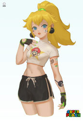 1girl, arm tattoo, bandaid, bandaid on cheek, black gloves, black shorts, blonde hair, blue eyes, breasts, casual, chain chomp, commentary, crop top, cropped legs, ear clip, earrings, egg, english commentary, fingerless gloves, fingernails, fire flower, gloves, goomba, green nails, green scrunchie, hair ornament, hair scrunchie, heart, heart tattoo, high ponytail, highres, jewelry, lips, long hair, mario, mario (series), midriff, multiple piercings, nail polish, navel, nintendo, princess peach, scrunchie, shirt, shorts, small breasts, solo, super mario bros., suyoun kang, sweat, symbol commentary, t-shirt, tattoo, toned