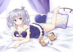 Rule 34 | 10s, 1girl, alternate costume, barefoot, blush, breasts, cleavage, closed mouth, curtains, frilled pillow, frills, full body, grey hair, hat, heart, heart-shaped pillow, indoors, kantai collection, kashima (kancolle), lying, nightgown, on bed, on stomach, peaked cap, pillow, polka dot pillow, purple eyes, smile, solo, strap slip, stuffed animal, stuffed toy, teddy bear, twintails, uniform, window, yoshikita popuri