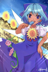 Rule 34 | 1girl, blue dress, blue eyes, blue hair, blue sky, blush, cirno, day, dress, dutch angle, eating, field, flower, flower field, food, hair ribbon, hidden star in four seasons, ice, ice wings, looking at viewer, open mouth, plant, popsicle, poyosuke, puffy sleeves, ribbon, short hair, short sleeves, signature, sky, smile, solo, sparkle, sunflower, sunflower field, sunlight, tan, tanned cirno, touhou, vines, wings