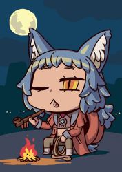 Rule 34 | 1girl, ;&lt;, animal ears, april fools, blue hair, campfire, chibi, dark-skinned female, dark skin, eyes in shadow, fate/grand order, fate (series), full moon, highres, holding, holding smoking pipe, midriff, moon, night, night sky, official art, riyo (lyomsnpmp), riyo servant (bronco) (fate), sitting, sky, smoking pipe, solo focus, tail, tongue, tongue out, wolf ears, wolf tail, yellow eyes