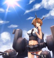 Rule 34 | 10s, 1girl, arm behind back, black skirt, blue sky, breasts, brown hair, cloud, covered erect nipples, cowboy shot, day, finger to mouth, green eyes, groin, hair between eyes, headgear, highres, kantai collection, large breasts, looking away, matsunaga garana, miniskirt, mutsu (kancolle), navel, outdoors, parted lips, pleated skirt, rigging, short hair, simple background, skirt, sky, smokestack, solo, standing, stomach, striped clothes, striped skirt, turret, white background