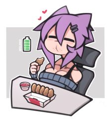 Rule 34 | 1girl, absurdres, battery indicator, blush, border, bra strap, breasts, chair, chewing, chibi, chicken nuggets, cleavage, closed eyes, commentary, crumbs, eating, english commentary, grey background, hair between eyes, heart, highres, large breasts, maya (roadi3), original, purple hair, roadi3, scar, scar on face, scar on nose, short hair, simple background, sitting, table, twitter username, watermark, white border