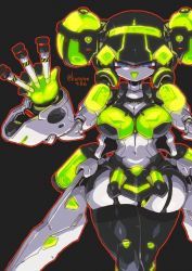 Rule 34 | 1girl, android, black background, blue eyes, breasts, glowing, half-closed eyes, highres, holding, kuruton486, large breasts, looking at viewer, metal skin, navel, open mouth, original, science fiction, skindentation, solo