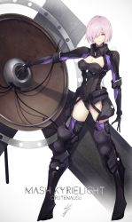 Rule 34 | 1girl, arm at side, armor, armored boots, black footwear, black gloves, black leotard, black thighhighs, boots, breasts, cable, character name, cleavage, cleavage cutout, closed mouth, clothing cutout, collar, covering privates, expressionless, fate/grand order, fate (series), faulds, full body, gloves, gorget, greaves, hair over one eye, highres, holding, holding shield, legs apart, leotard, looking at viewer, marumoru, mash kyrielight, mash kyrielight (ortenaus), medium breasts, outstretched arm, pink hair, purple eyes, purple thighhighs, shield, short hair, signature, simple background, solo, standing, thigh boots, thighhighs, thighhighs under boots, white background