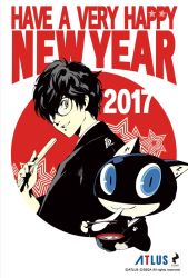 Rule 34 | 10s, 1boy, 2017, amamiya ren, animal ear fluff, black hair, blue eyes, cat, english text, flat color, food, glasses, high contrast, looking at viewer, male focus, mochi, morgana (persona 5), new year, official art, persona, persona 5, short hair, simple background, smile, soejima shigenori, wagashi, white background, zouni soup