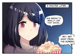 Rule 34 | 1girl, black hair, close-up, collarbone, comic, english text, expressionless, food, gradient background, highres, hinghoi, medium hair, movie theater, original, popcorn, red eyes, sleeveless, solo, speech bubble