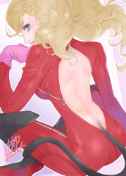 Rule 34 | 1girl, ass, blonde hair, blue eyes, bodysuit, breasts, cat tail, gloves, highres, lipstick, long hair, makeup, persona, persona 5, solo, tagme, tail, takamaki anne, twintails