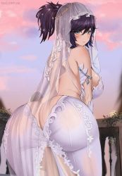 Rule 34 | 1girl, ass, ass focus, azur lane, bare shoulders, black hair, blue eyes, blush, breasts, bridal veil, butt crack, cosplay, curvy, dress, from behind, gluteal fold, highres, huge ass, kson, large breasts, leaning, leaning forward, long hair, looking at viewer, looking back, new jersey (azur lane), new jersey (azur lane) (cosplay), noiretox, ponytail, shiny clothes, shiny skin, sideboob, smile, solo, thick thighs, thighs, veil, virtual youtuber, vshojo