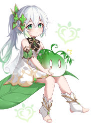 Rule 34 | 1girl, ^^^, absurdres, asymmetrical hair, bare shoulders, blush, cape, closed mouth, commentary request, cross-shaped pupils, crossed bangs, detached sleeves, dress, eyelashes, feet, full body, gem, genshin impact, gold trim, gradient hair, green eyes, green hair, green sleeves, hair between eyes, hair intakes, hair ornament, highres, holding, leaf, long hair, looking at viewer, multicolored hair, mxr, nahida (genshin impact), pointy ears, ponytail, short sleeves, side ponytail, sidelocks, sitting, sleeveless, sleeveless dress, slime (genshin impact), slime (substance), socks, solo, stirrup legwear, symbol-shaped pupils, tareme, toeless legwear, toes, white background, white dress, white hair