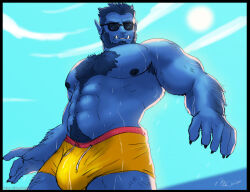 Rule 34 | 1boy, abs, alternate costume, armpit hair, armpit hair peek, bara, beach, beard, beast (x-men), blue hair, blue skin, bulge, colored skin, covered penis, cowboy shot, facial hair, from below, full beard, hairy, large pectorals, looking down, male focus, male swimwear, marvel, mature male, monster boy, muscular, muscular male, navel, navel hair, nipples, pectorals, smile, solo, standing, stomach, sunglasses, thick beard, thick chest hair, thick navel hair, thick thighs, thighs, topless male, tusks, water, wet, wolfenbro, x-men, yellow male swimwear