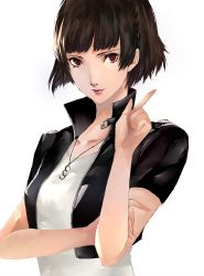 Rule 34 | 1girl, arm up, braid, breasts, brown hair, closed mouth, collarbone, cropped jacket, crown braid, highres, looking at viewer, medium breasts, niijima makoto, persona, persona 5, persona 5 scramble: the phantom strikers, pertex 777, red eyes, shirt, short hair, short sleeves, simple background, smile, solo, upper body, white background, white shirt