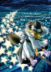 Rule 34 | 1girl, amamizu (myofuu kai), blonde hair, broom, broom riding, city lights, cityscape, female focus, hand on headwear, hat, kirisame marisa, night, night sky, no shoes, one eye closed, open mouth, perfect cherry blossom, shooting star, sky, smile, socks, solo, star (symbol), touhou, white socks, wink, witch hat, yellow eyes