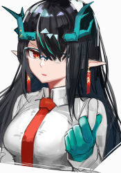 Rule 34 | 1girl, absurdres, alternate costume, ao oni (onioni-aoi), arknights, bespectacled, black hair, blue-framed eyewear, breasts, chalk, collared shirt, cropped torso, dragon horns, dusk (arknights), earrings, glasses, gloves, green gloves, highres, holding, horns, jewelry, long hair, long sleeves, looking at viewer, medium breasts, necktie, office lady, over-rim eyewear, parted lips, pointy ears, red eyes, red necktie, semi-rimless eyewear, shirt, simple background, smile, solo, upper body, v-shaped eyebrows, white background, white shirt