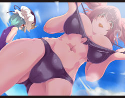 Rule 34 | 2girls, bikini, blue sky, blush, breast envy, breasts, cameltoe, cloud, crotch, day, female focus, from below, green hair, hair bobbles, hair ornament, hand on own chest, hat, large breasts, lens flare, letterboxed, multiple girls, navel, one-piece swimsuit, onozuka komachi, pov, pov crotch, purple bikini, purple one-piece swimsuit, red eyes, red hair, school swimsuit, shiki eiki, short hair, sky, strap pull, suikamaru, swimsuit, tongue, tongue out, touhou, twintails, two side up