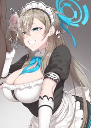 Rule 34 | 1girl, apron, asuna (blue archive), black dress, blue archive, blue ribbon, blush, bow, bowtie, breasts, censored, cleavage, cum, cumdrip, dark-skinned male, dark skin, dress, elbow gloves, erection, facial, gloves, grin, halo, headphones, hetero, highres, large breasts, light brown hair, long hair, maid headdress, mku, mole, mole on breast, mosaic censoring, neck ribbon, penis, puffy short sleeves, puffy sleeves, ribbon, short sleeves, smile, testicles, white apron, white gloves