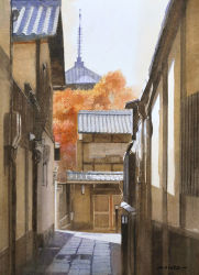 Rule 34 | architecture, artist name, autumn leaves, bamboo screen, building, cityscape, commentary request, day, east asian architecture, highres, house, lamppost, no humans, original, outdoors, pagoda, painting (medium), pavement, road, scenery, sky, street, tile roof, town, traditional media, tree, watanabe masato, watercolor (medium)