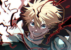 Rule 34 | 1boy, artist name, black capelet, black clover, blonde hair, capelet, claws, energy, green eyes, green shirt, highres, looking at viewer, luck voltia, male focus, nac tw, open mouth, shirt, short hair, smile, solo, white background