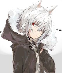 Rule 34 | 1boy, accelerator (toaru majutsu no index), animal ears, anninn do fu, closed mouth, commentary request, electrodes, fur-trimmed hood, fur trim, hand up, highres, hood, hooded jacket, jacket, long sleeves, male focus, medium hair, open clothes, open jacket, red eyes, sideways glance, solo, toaru majutsu no index, upper body, white hair