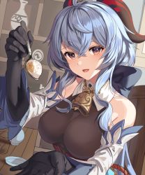 Rule 34 | 1girl, ahoge, bad id, bad twitter id, bare shoulders, bell, black bodysuit, black gloves, blue hair, bodysuit, breasts, chair, cowbell, detached sleeves, dutch angle, elbow gloves, food, ganyu (genshin impact), genshin impact, gloves, goat horns, hair between eyes, holding, holding spoon, horns, large breasts, long hair, looking at viewer, neck bell, on chair, open mouth, orange eyes, plate, pov, rice, sidelocks, silence girl, sitting, smile, solo, spoon, table, unfinished, wooden table